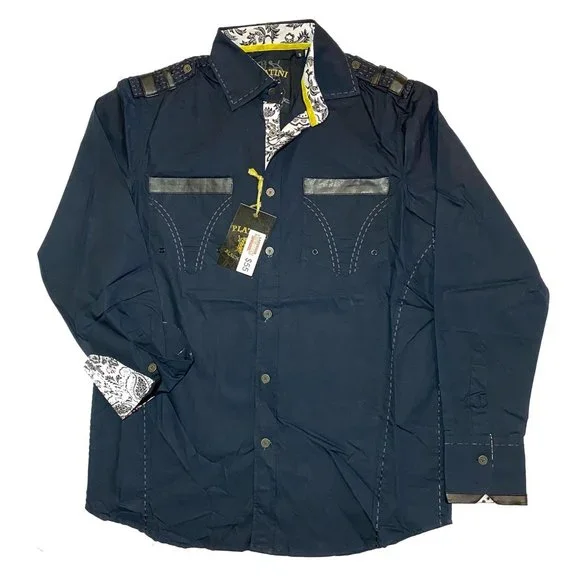 Platini Men’s Military Button Down Shirt w/ Faux Leather & Paisley Trim Size M - Picture 1 of 14